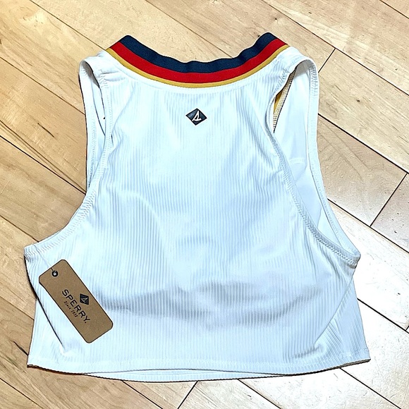 NWT Sperry Ribbed Blue Red Yellow Stripes V neck Swim/Sports CROP TOP, Medium - Picture 4 of 9